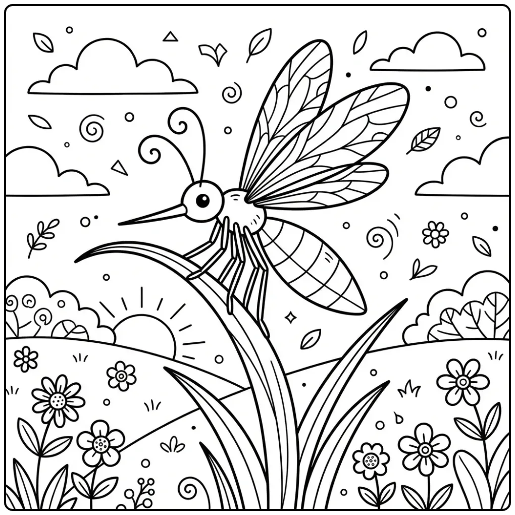 Een leuke kleurplaat mug op een grasspriet in de weide.