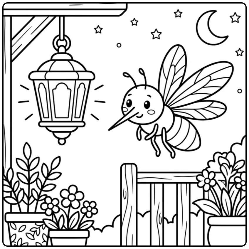 Een leuke kleurplaat mug vliegend bij een lantaarn.