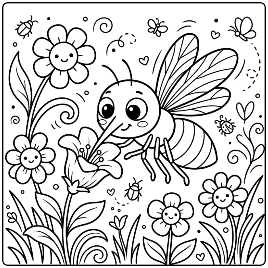 Leuke kleurplaat mug die nectar drinkt uit een wilde bloem.