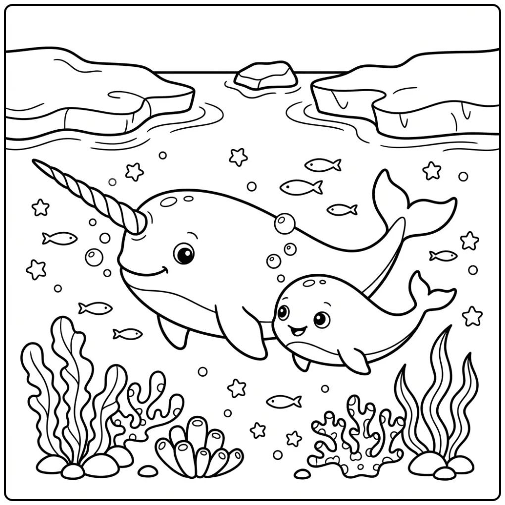 Moeder en baby zwemmen samen op deze kleurplaat narwal.