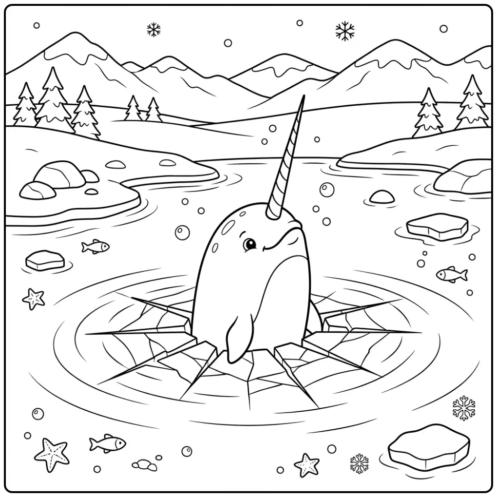 Vrolijke kleurplaat narwal die door het ijs breekt.