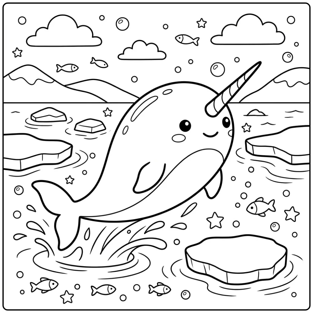 Vrolijke kleurplaat narwal springend uit de zee.