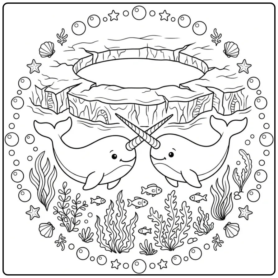 Leuke kleurplaat narwal met twee zwemmende dieren onder ijs.