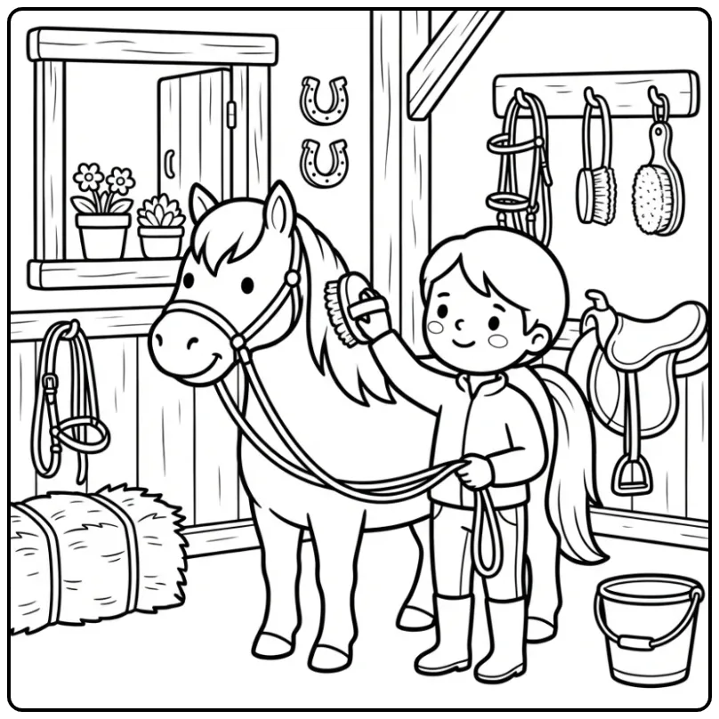 Leuke kleurplaat paard met ruiter die het paard borstelt