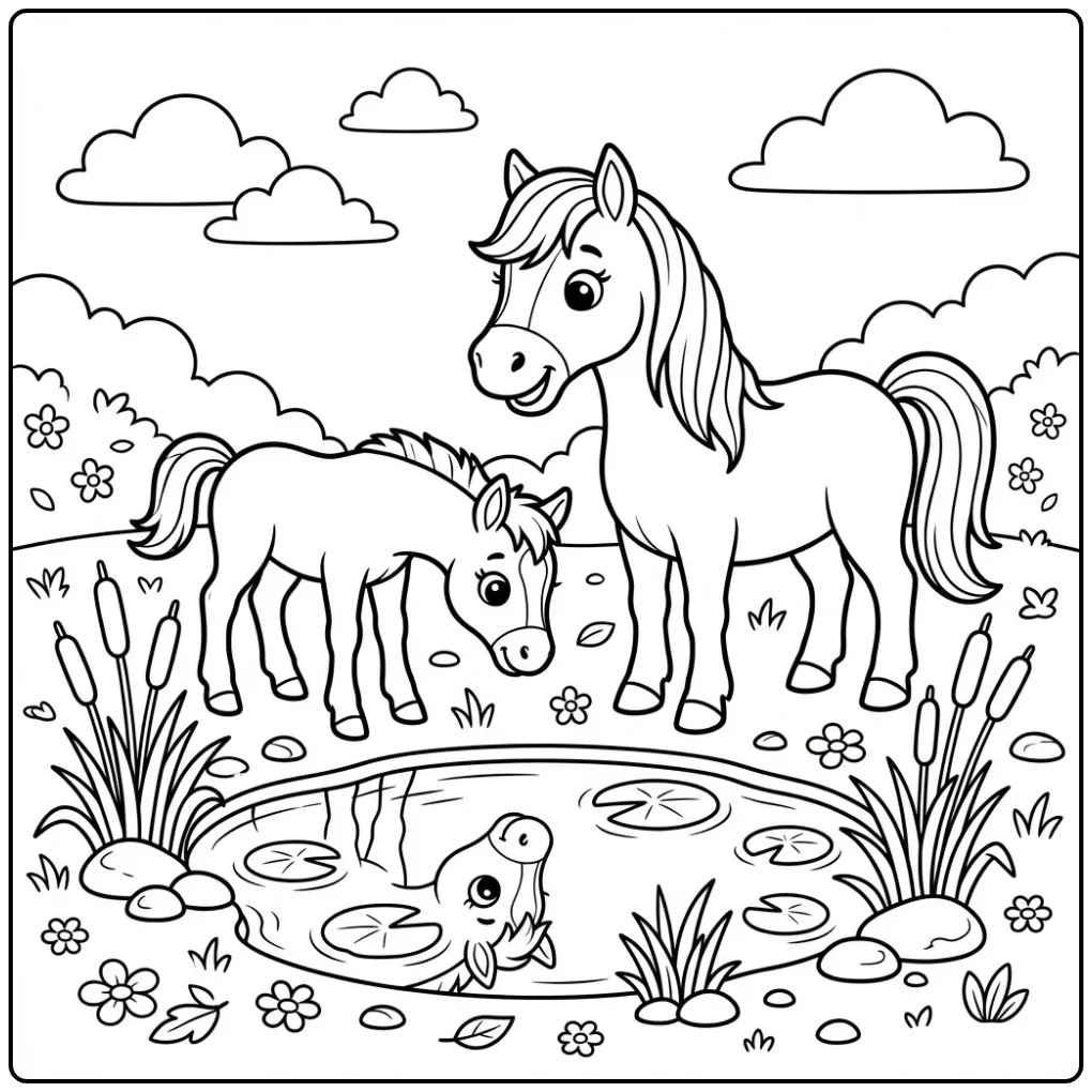 Printbare kleurplaat paard met veulen bij het water.