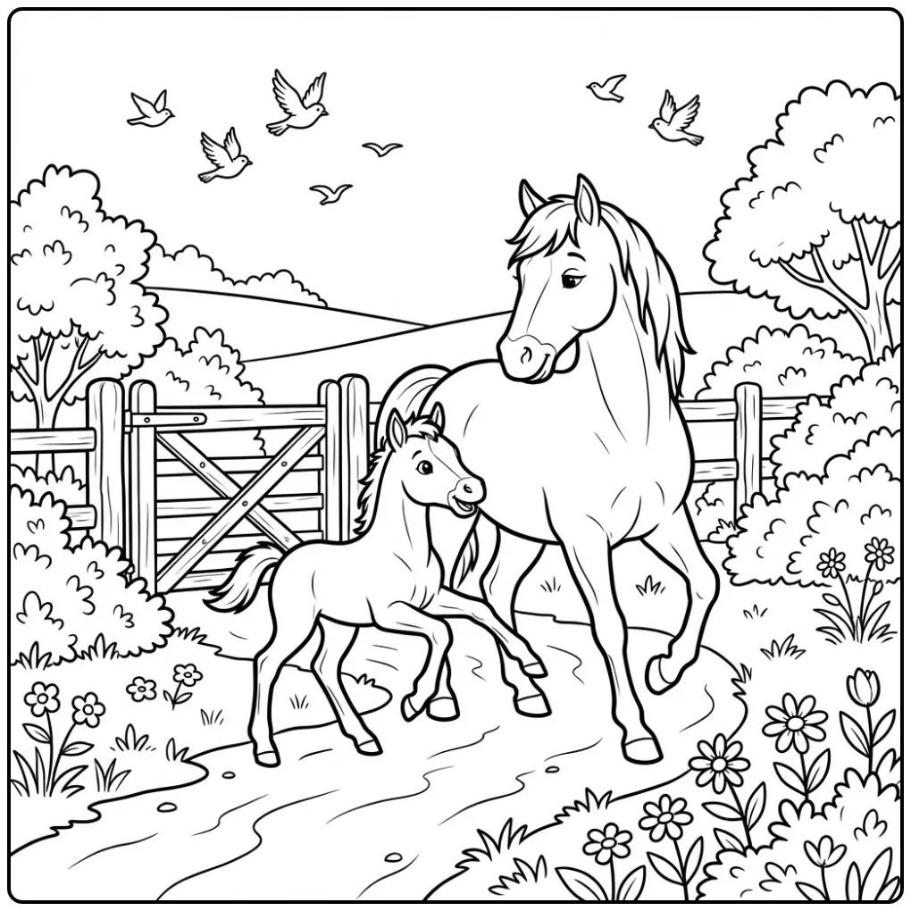 Vrolijke kleurplaat paard met veulen en bloemen in het veld