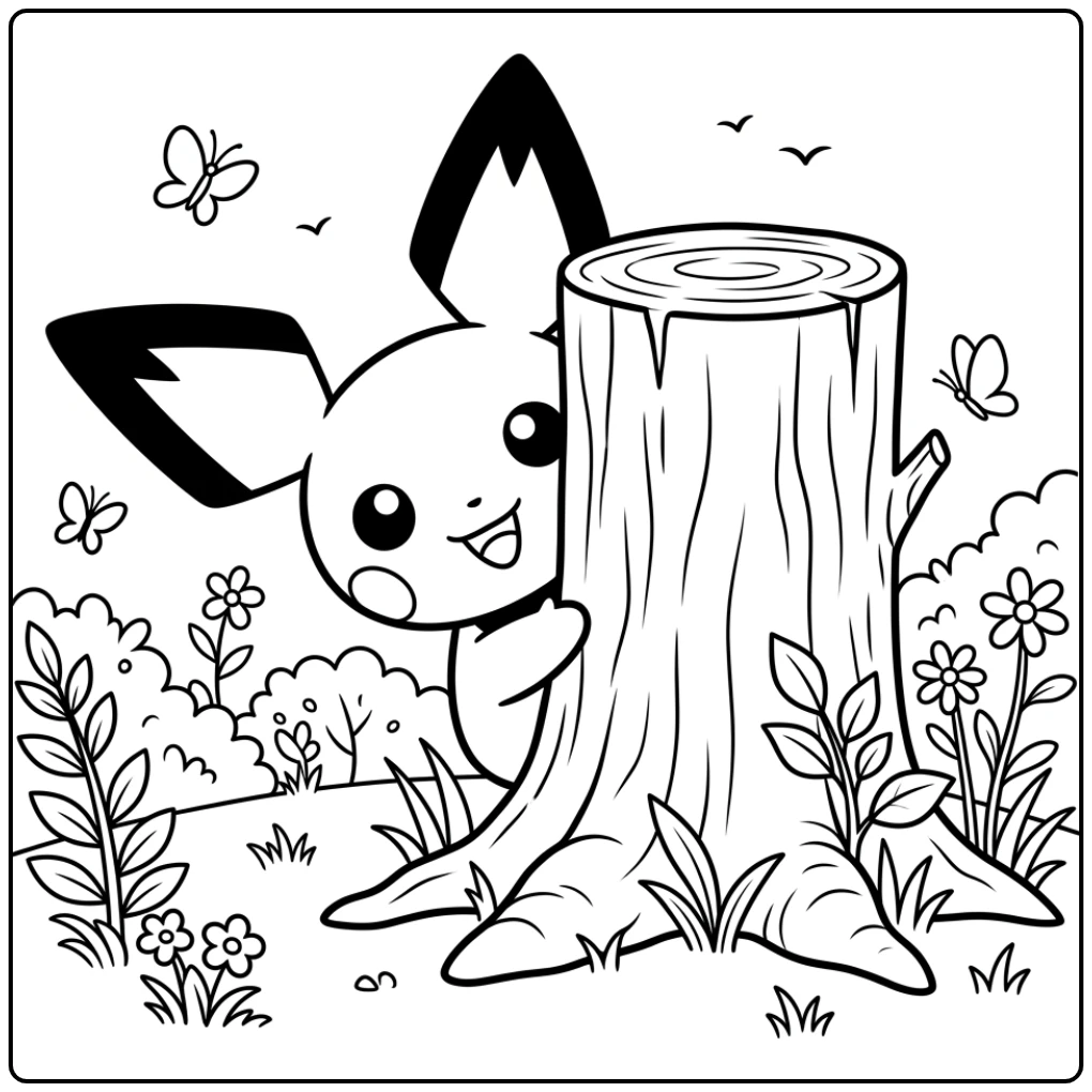 Schattige kleurplaat pichu kijkt speels achter een stronk.