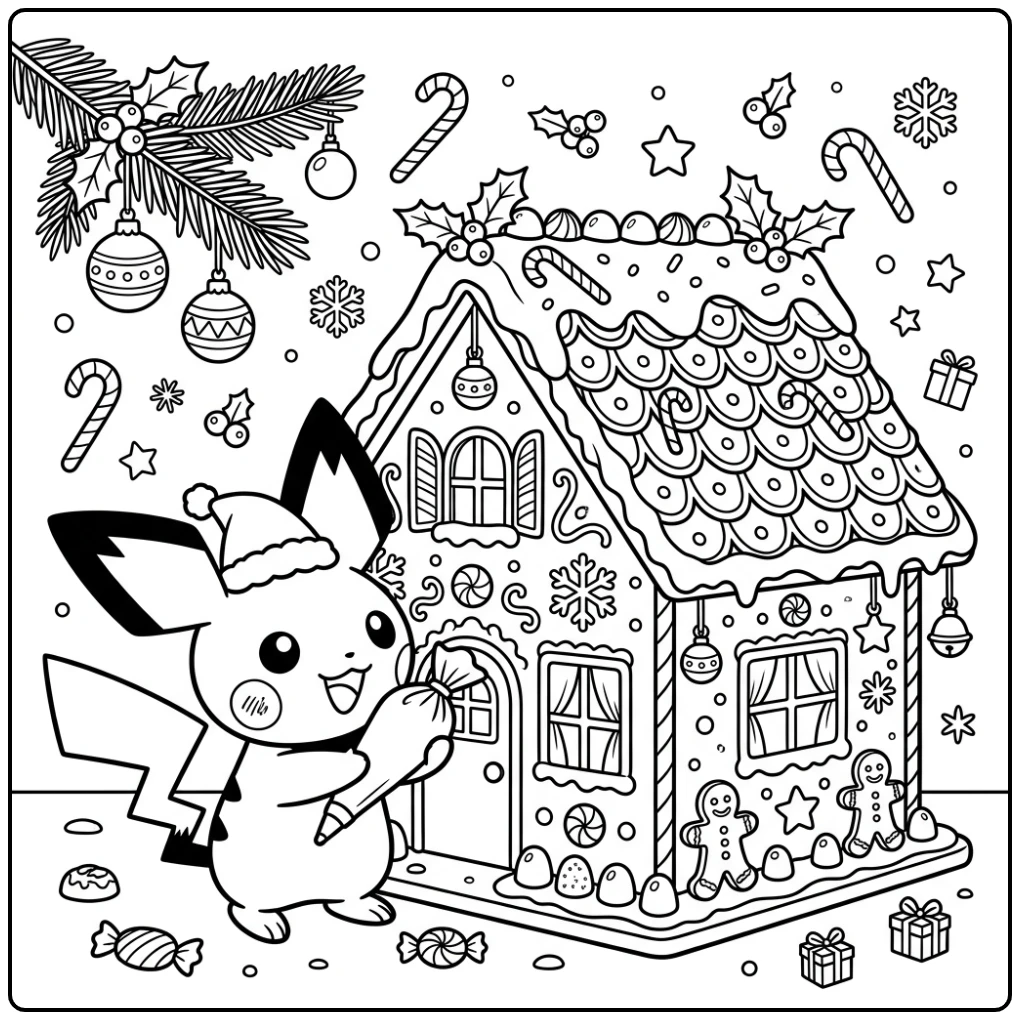 Feestelijke kleurplaat pichu kerst met peperkoekhuisje.
