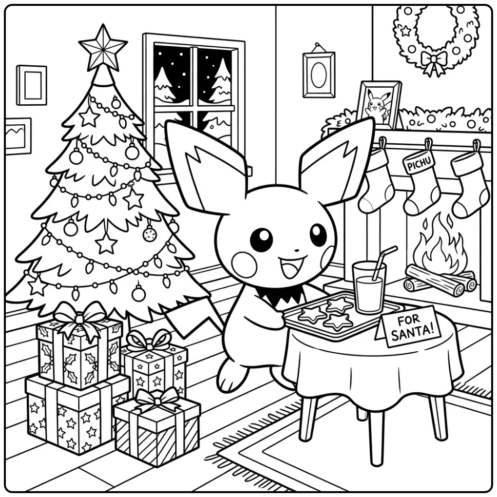 Leuke kleurplaat pichu kerst met koekjes voor de Kerstman.