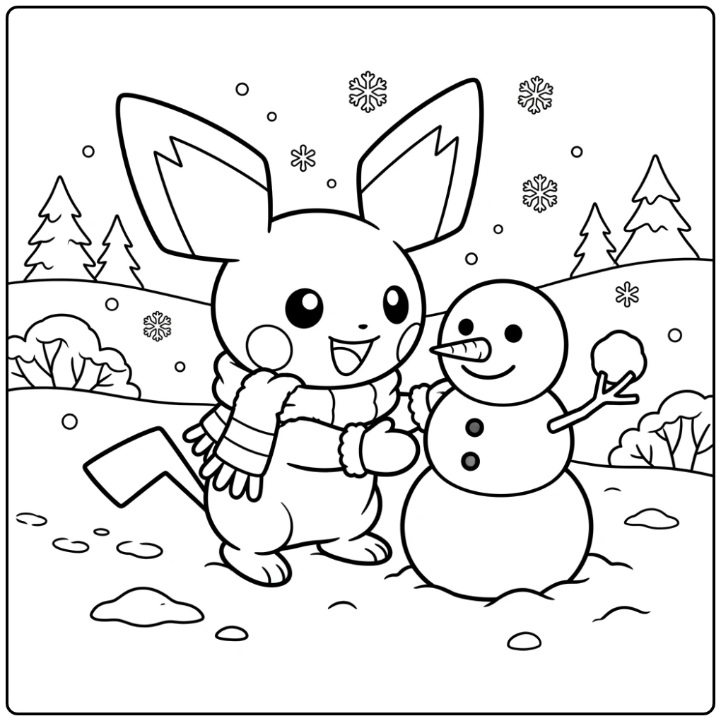 Leuk om in te kleuren: kleurplaat pichu kerst met sneeuwman.