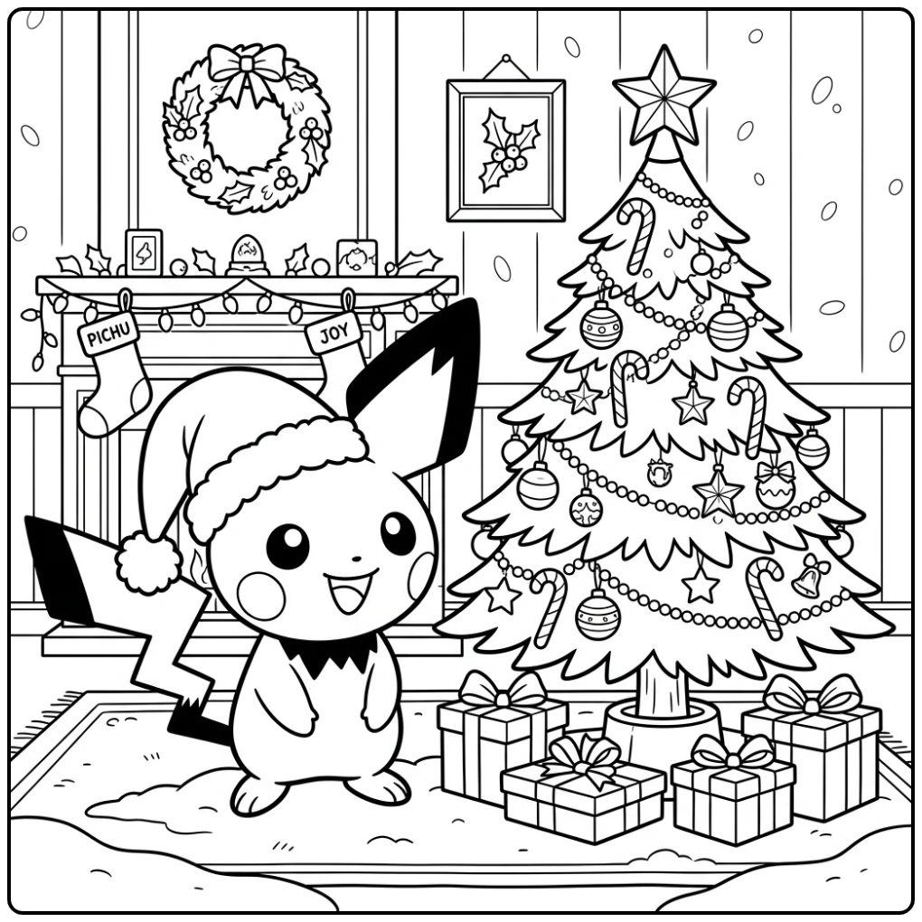 Leuke kleurplaat pichu kerst met muts en boom.