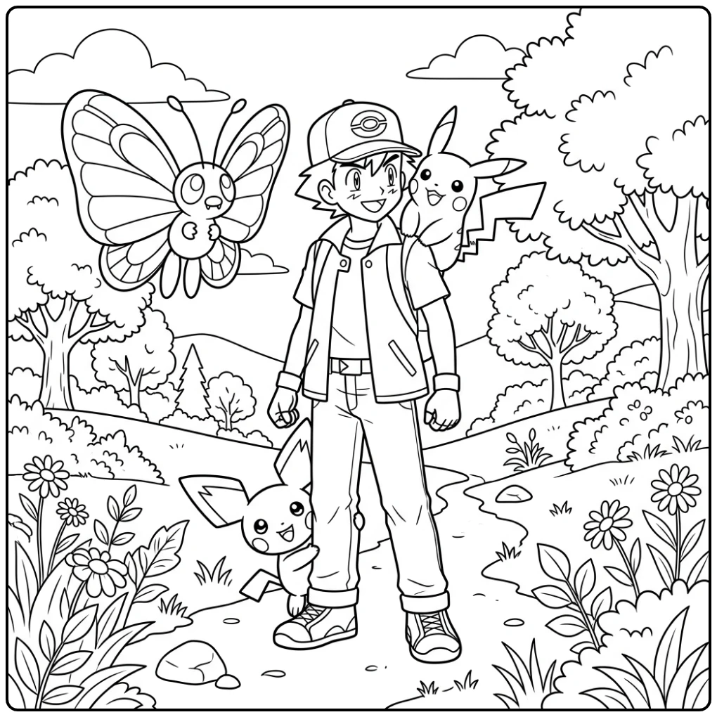 Leuke kleurplaat pichu achter Ash zijn been met Pikachu.