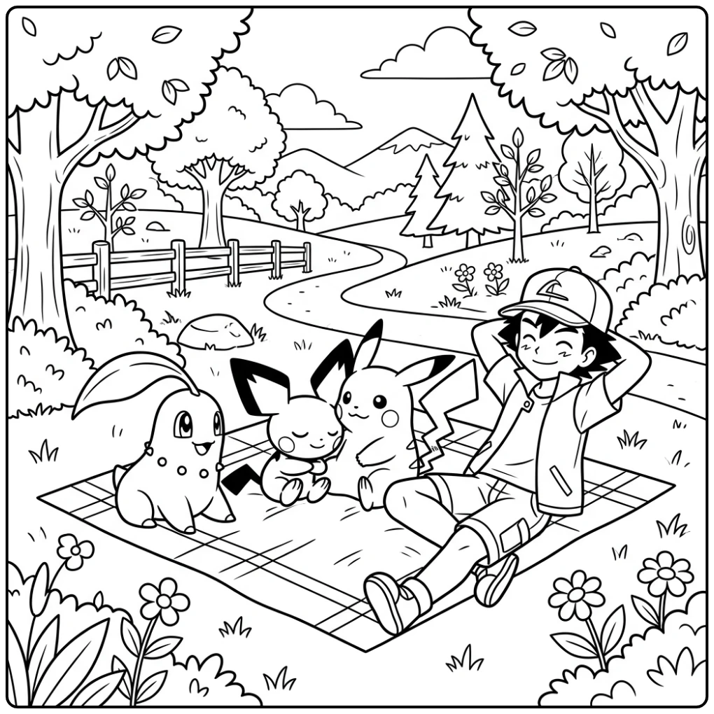 Een leuke kleurplaat pichu met Pikachu op een picknickkleed.