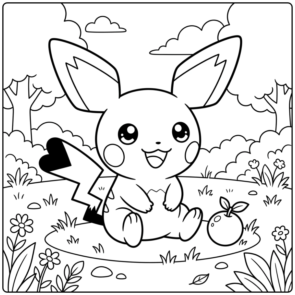 Vrolijke kleurplaat pichu zittend naast een klein besje.