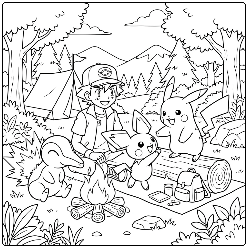 Leuke kleurplaat pichu met Pikachu en Ash bij het kampvuur.
