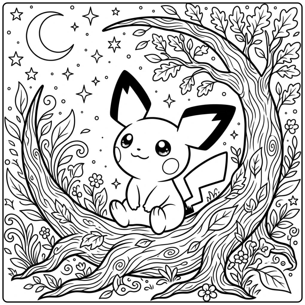 Dromerige kleurplaat pichu op een maanvormige boomwortel.