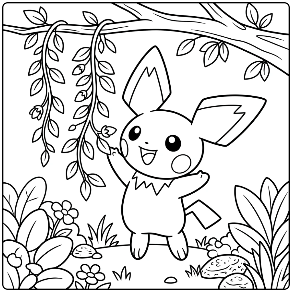 Speelse kleurplaat pichu die naar een hangende liaan slaat.