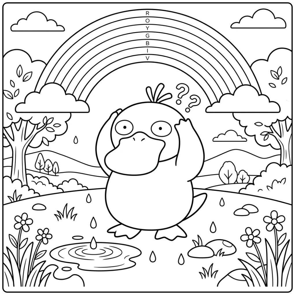 Psyduck verward onder kleurplaat pokemon regenboog na regenval.