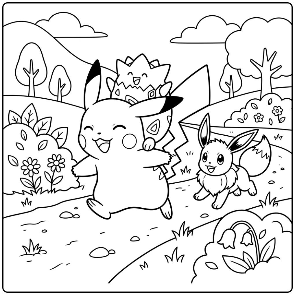 Leuke kleurplaat pokemon schattig: Togepi op Pikachu met Eevee