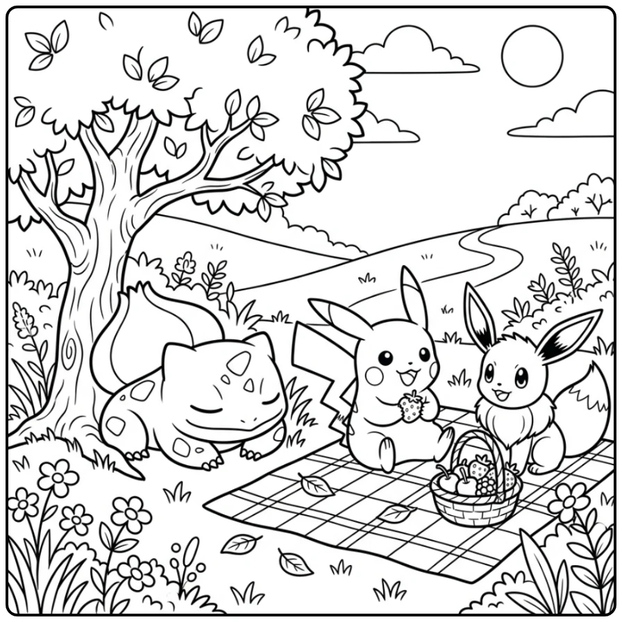 kleurplaat pokemon schattig: Bulbasaur rust, Pikachu & Eevee picknicken.