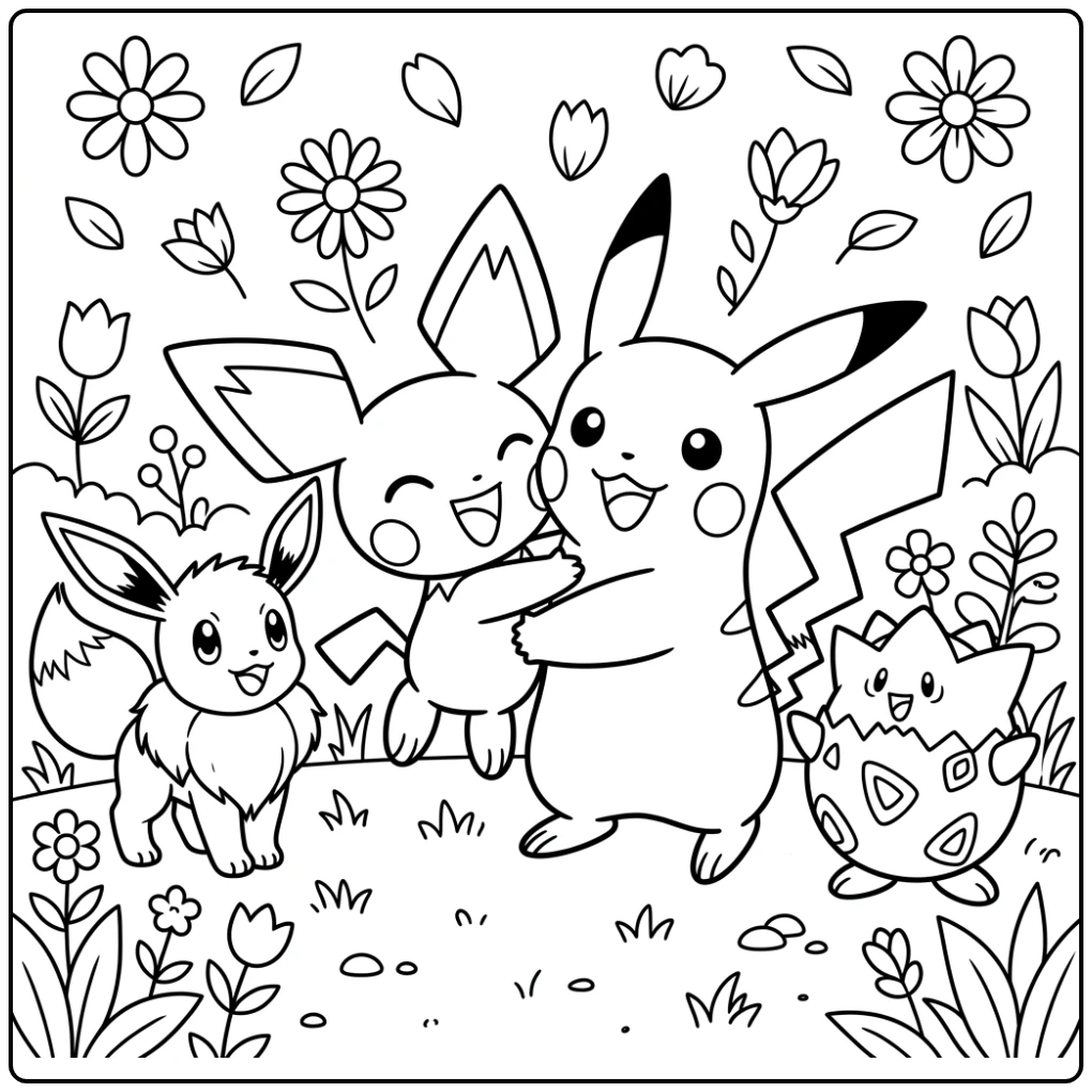 Een kleurplaat pokemon schattig: Pichu knuffelt Pikachu, met Eevee en Togepi.