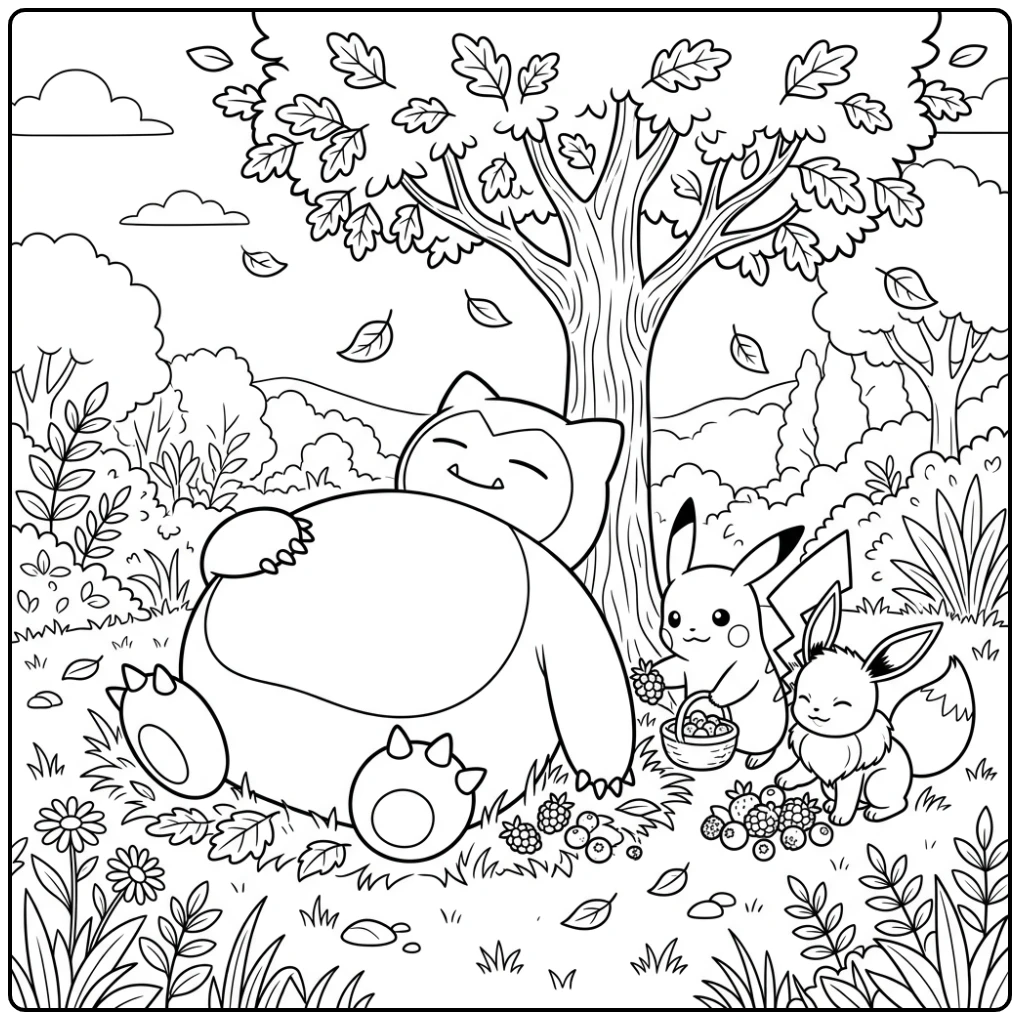 kleurplaat pokemon schattig van Snorlax onder boom met Pikachu en Eevee.