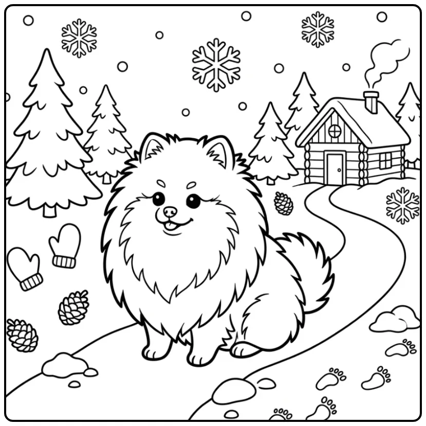 Winterse kleurplaat pomeriaan zittend op een pad in de sneeuw