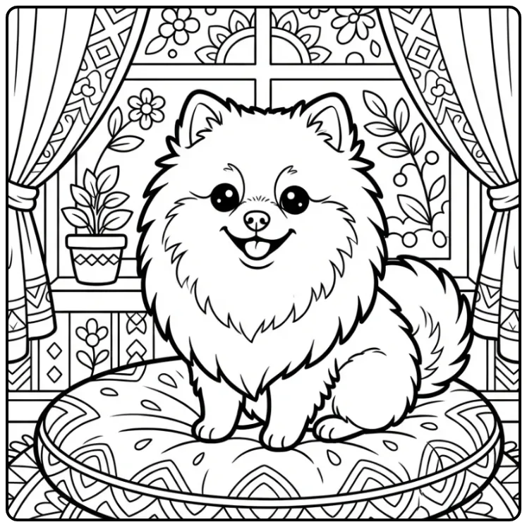 Lieve kleurplaat pomeriaan zittend bij een raam en plant.