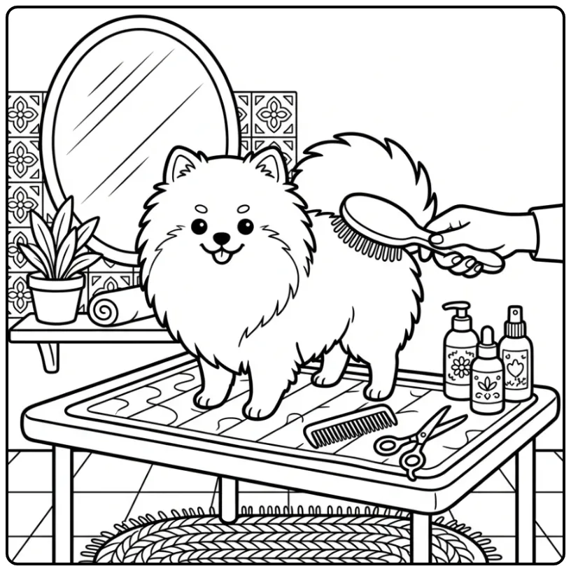 Verzorging van een kleurplaat pomeriaan met kam.