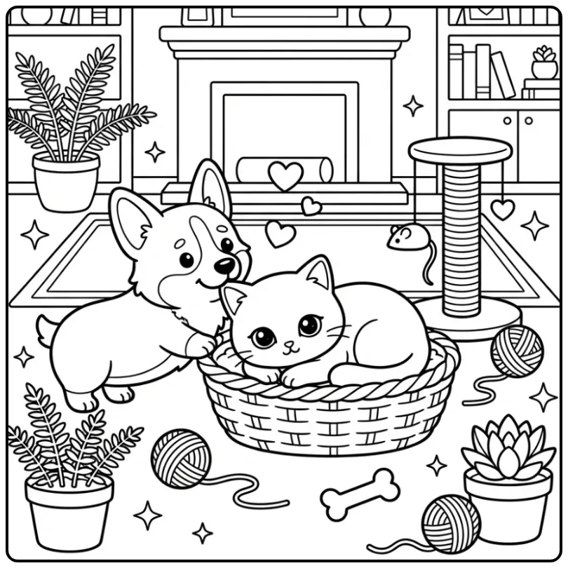 Corgi en Britse korthaar kleurplaat puppy en kitten.