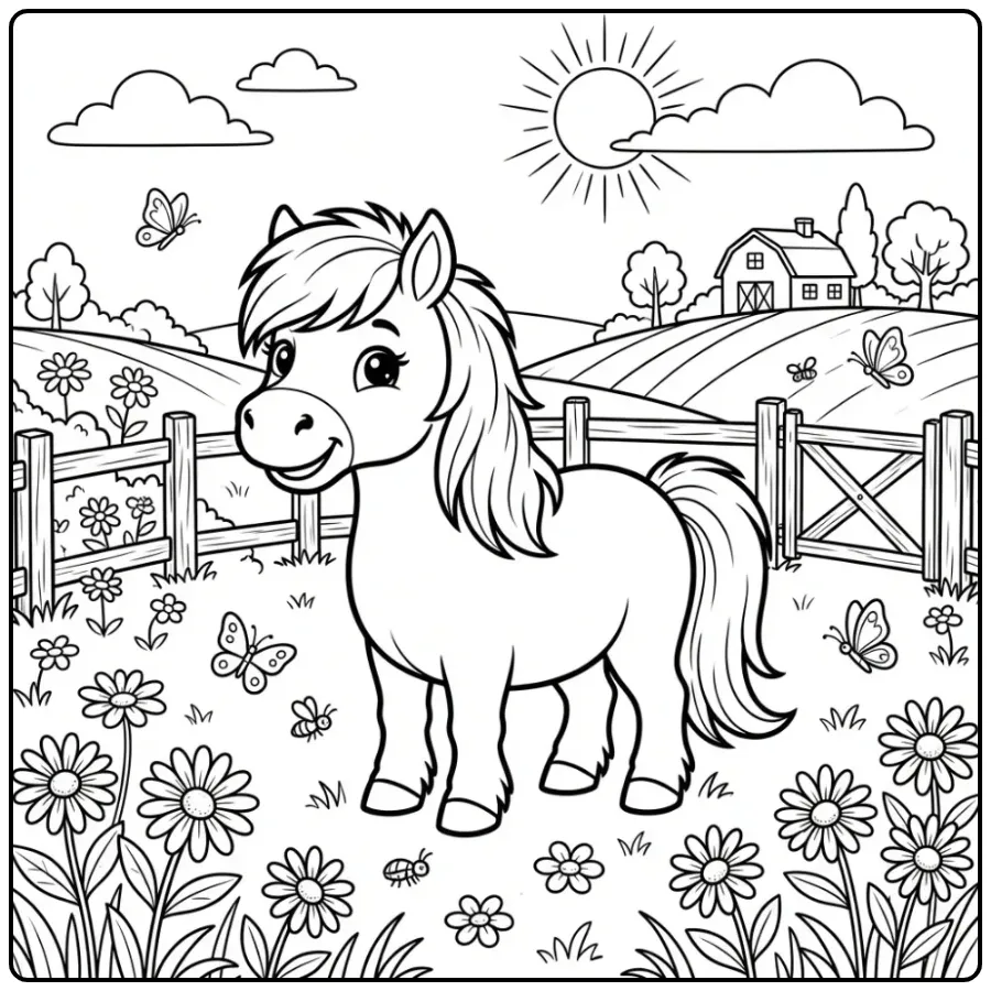 Pluizige pony op de boerderij als kleurplaat shetlander.