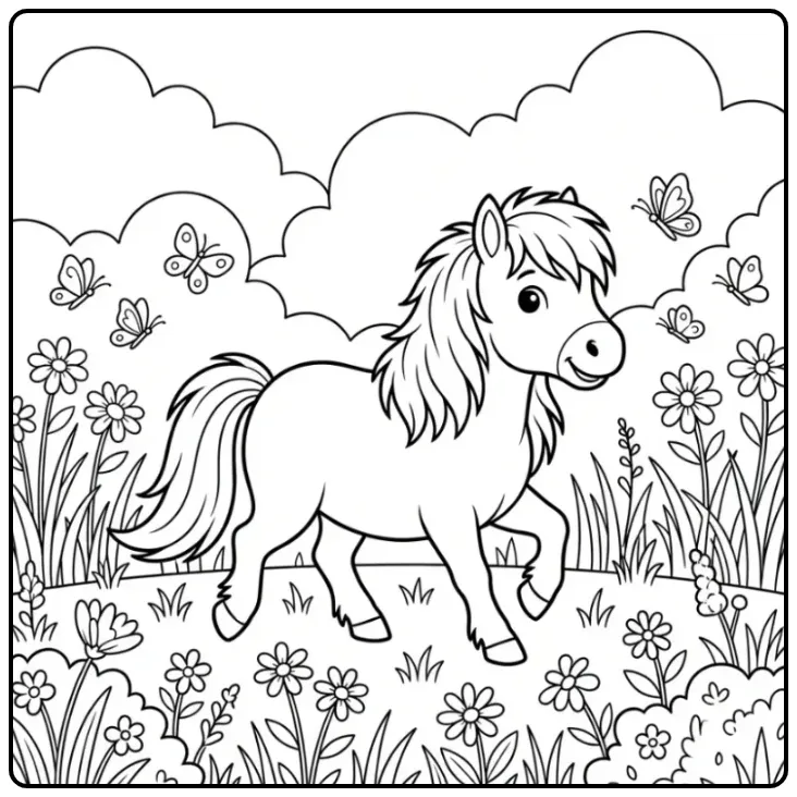 Vrolijke kleurplaat shetlander tussen bloemen en vlinders.