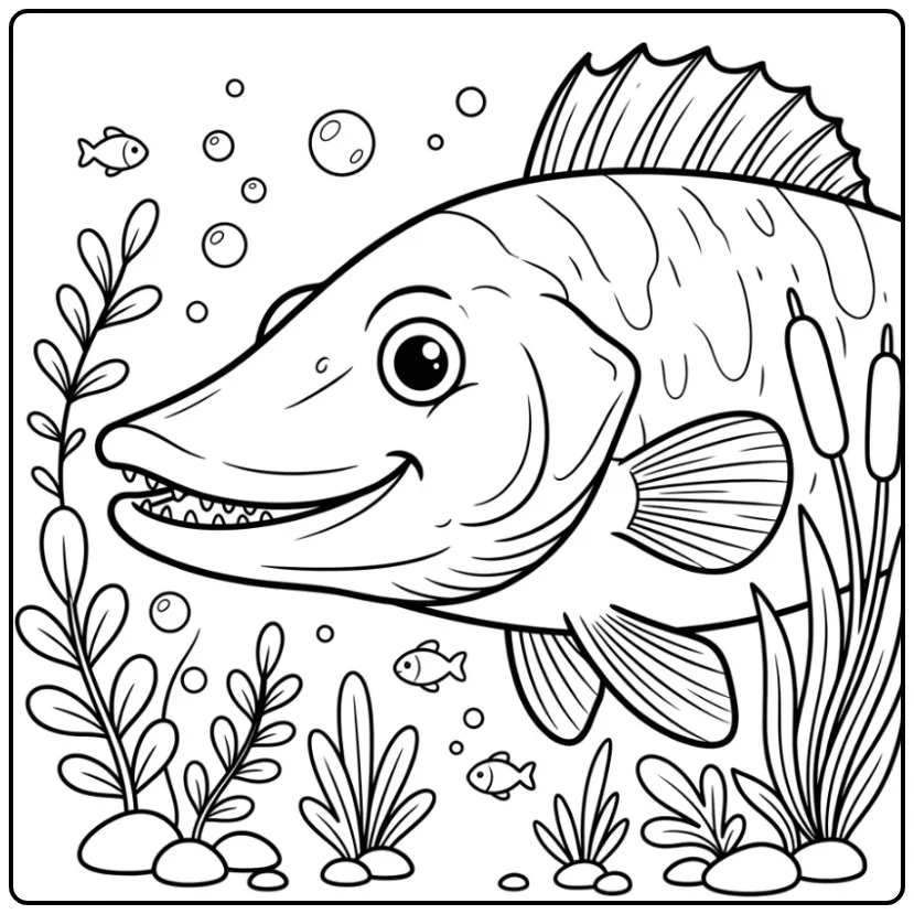 Cartoon kleurplaat snoekbaars met vinnen en plantjes