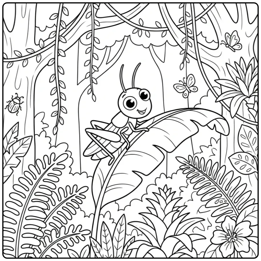 Een vrolijke kleurplaat sprinkhaan op een bananenblad.