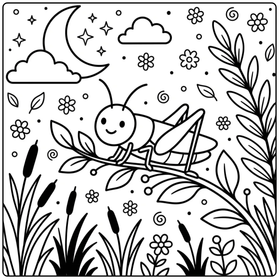 Een vrolijke kleurplaat sprinkhaan onder de maan en sterren.