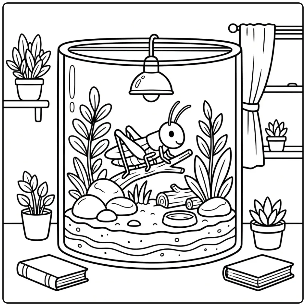 Huisdier kleurplaat sprinkhaan zittend op een tak.