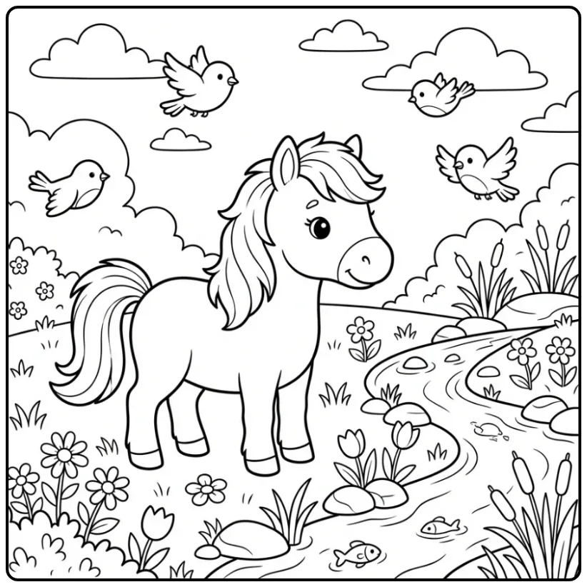 Lief kleurplaat veulen tussen bloemen en riet.