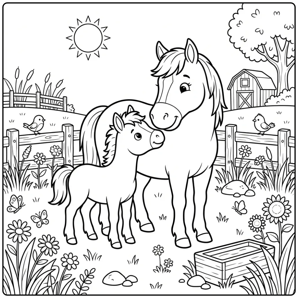 Lieve kleurplaat veulen en paard tussen de bloemen