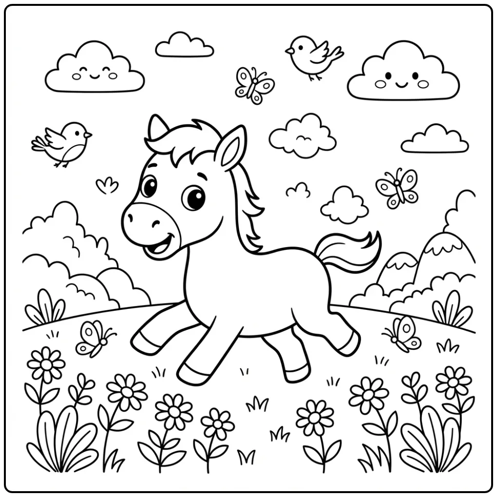 Een vrolijke kleurplaat veulen rennend door een bloemenweide.