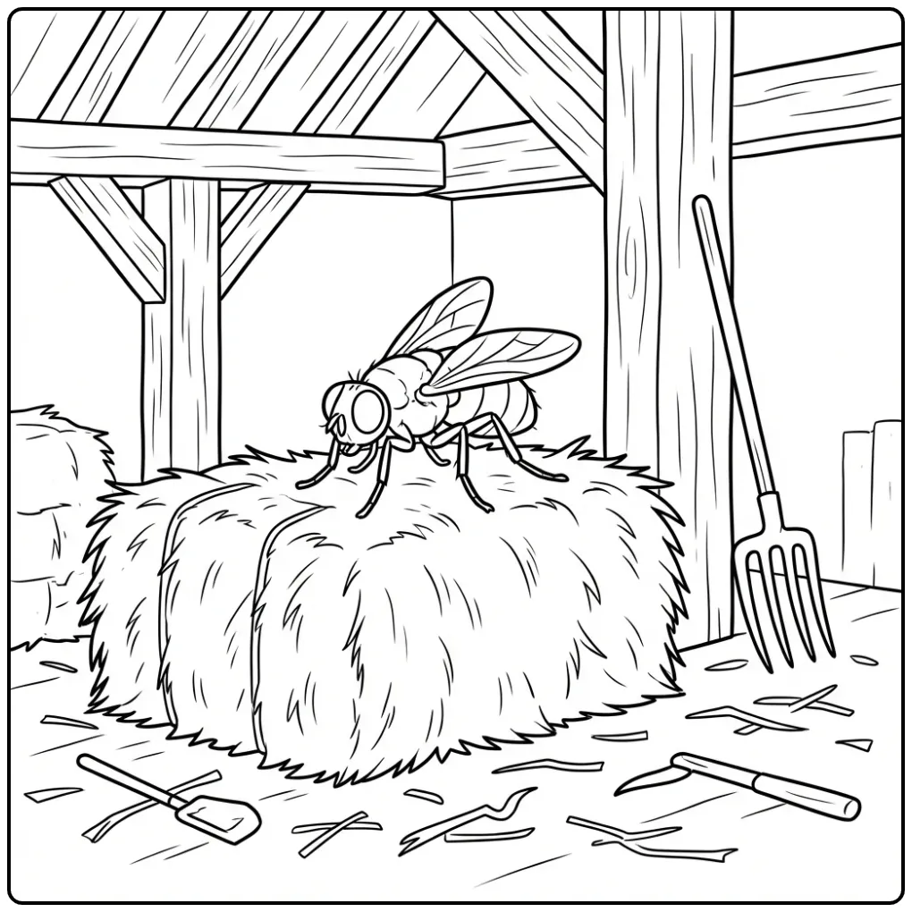 Leuke kleurplaat vlieg op een hooibaal in een boerenschuur.