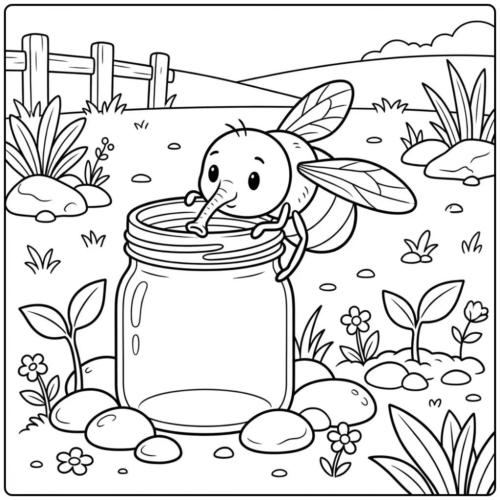 Kleurplaat vlieg zittend op de rand van een glazen pot.