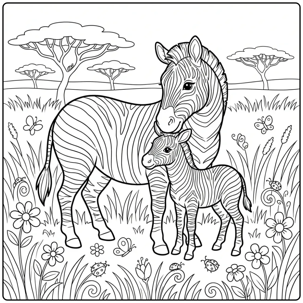 Leuke kleurplaat zebra moeder en kind op de savanne.