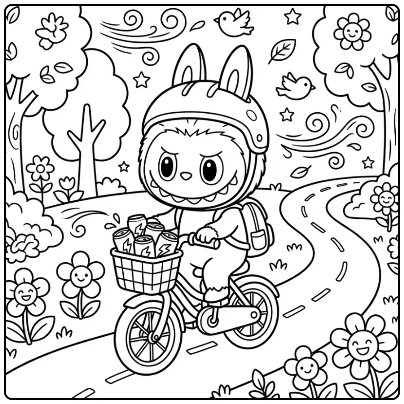 Tekening van labubu big into energy kleurplaat met drankjes.