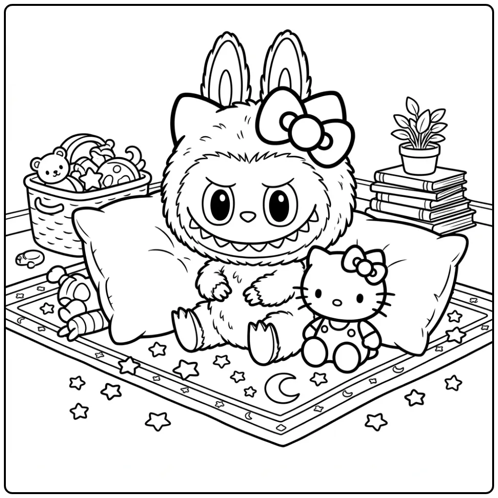 Leuke labubu hello kitty kleurplaat met sterren en speelgoed.