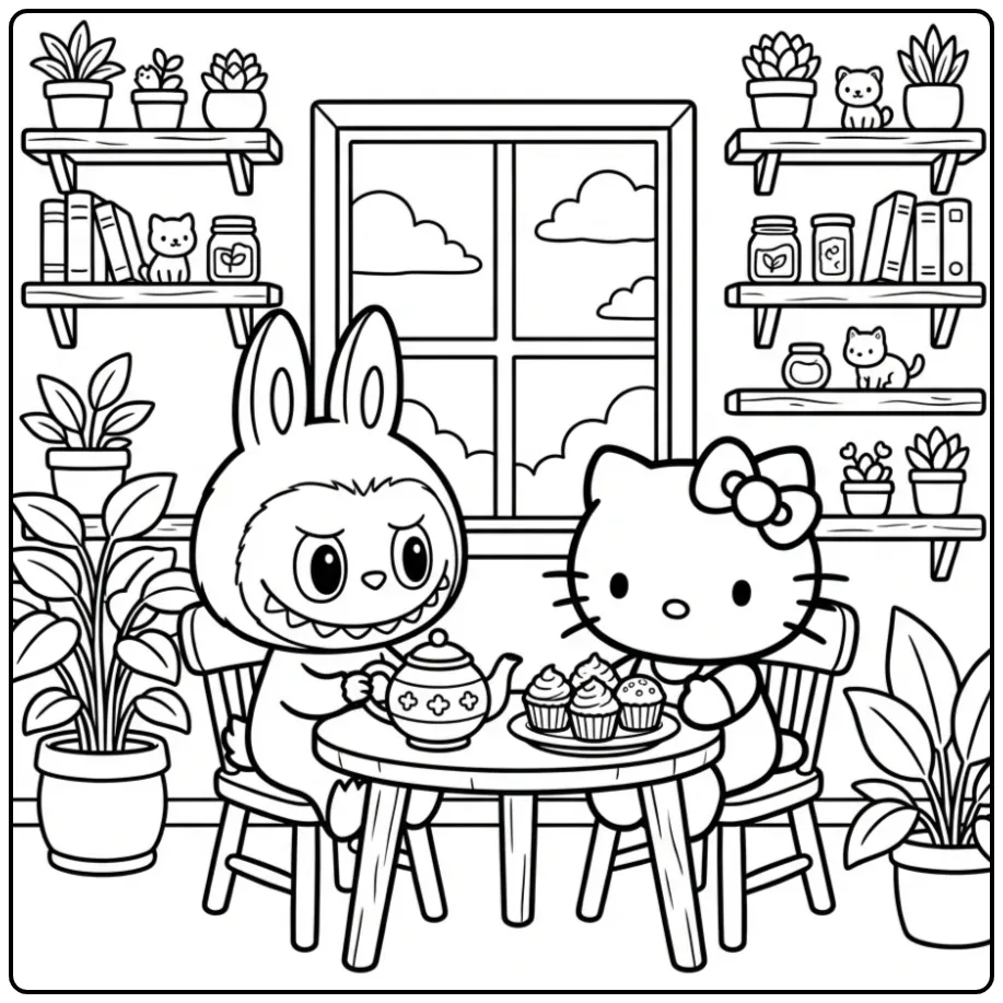 Gezellige labubu hello kitty kleurplaat drinkt samen thee.