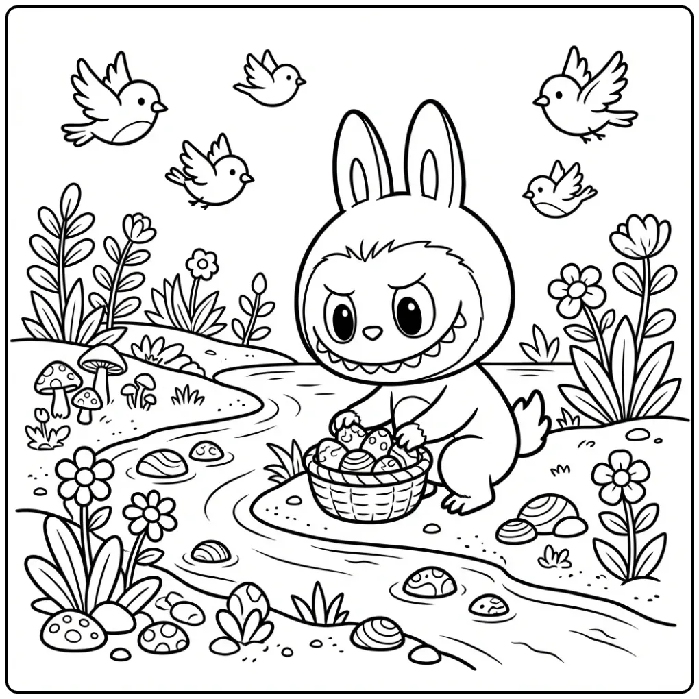 Labubu kleurplaat: stenen zoeken bij de rivier.