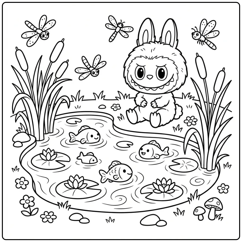 Labubu kleurplaat met vijver en zwemmende vissen.
