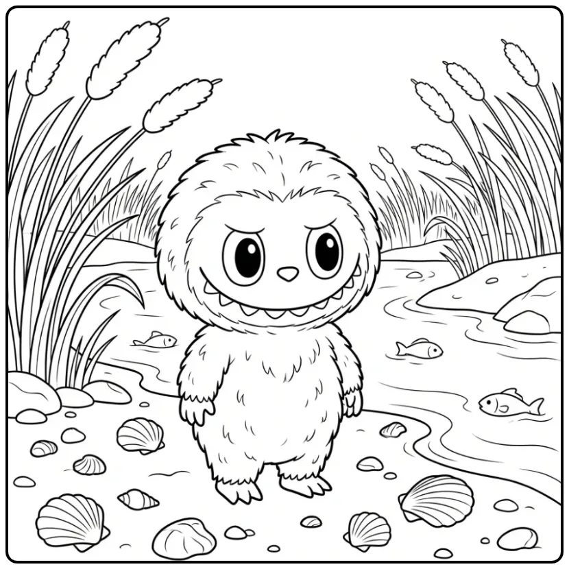 Een vrolijke labubu kleurplaat cute met schelpen en riet.