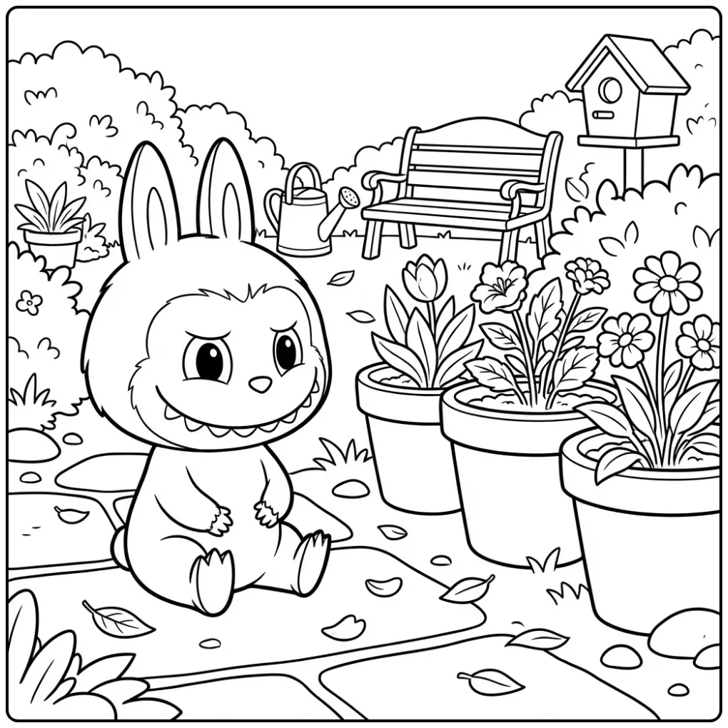 Kleine labubu kleurplaat cute bij bloempotten.