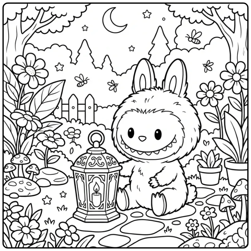 Pluizige labubu kleurplaat cute tussen bloemen